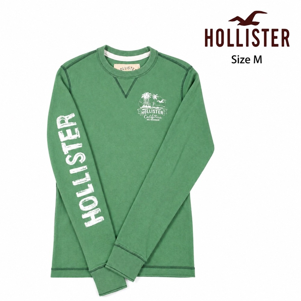 Y2K Hollister California Thermal Shirt Mens M Green Waffle Knit Graphic 2000s